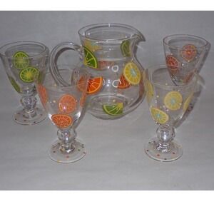 Laurie Gates Citrus Fruit Glass Pitcher w/ 4 Stemmed Goblets Set Multi-Color 5pc